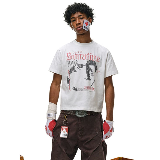 ANTIDOTE Takeshi Kitano Portrait Worn Distressed Print Retro T-Shirt Small Neck Short Loose Casual Short Sleeve Men's