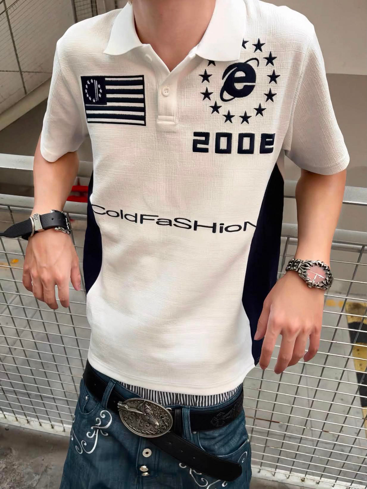 ColdAsia Flag 200E Spliced Polo – Embroidered Streetwear Top