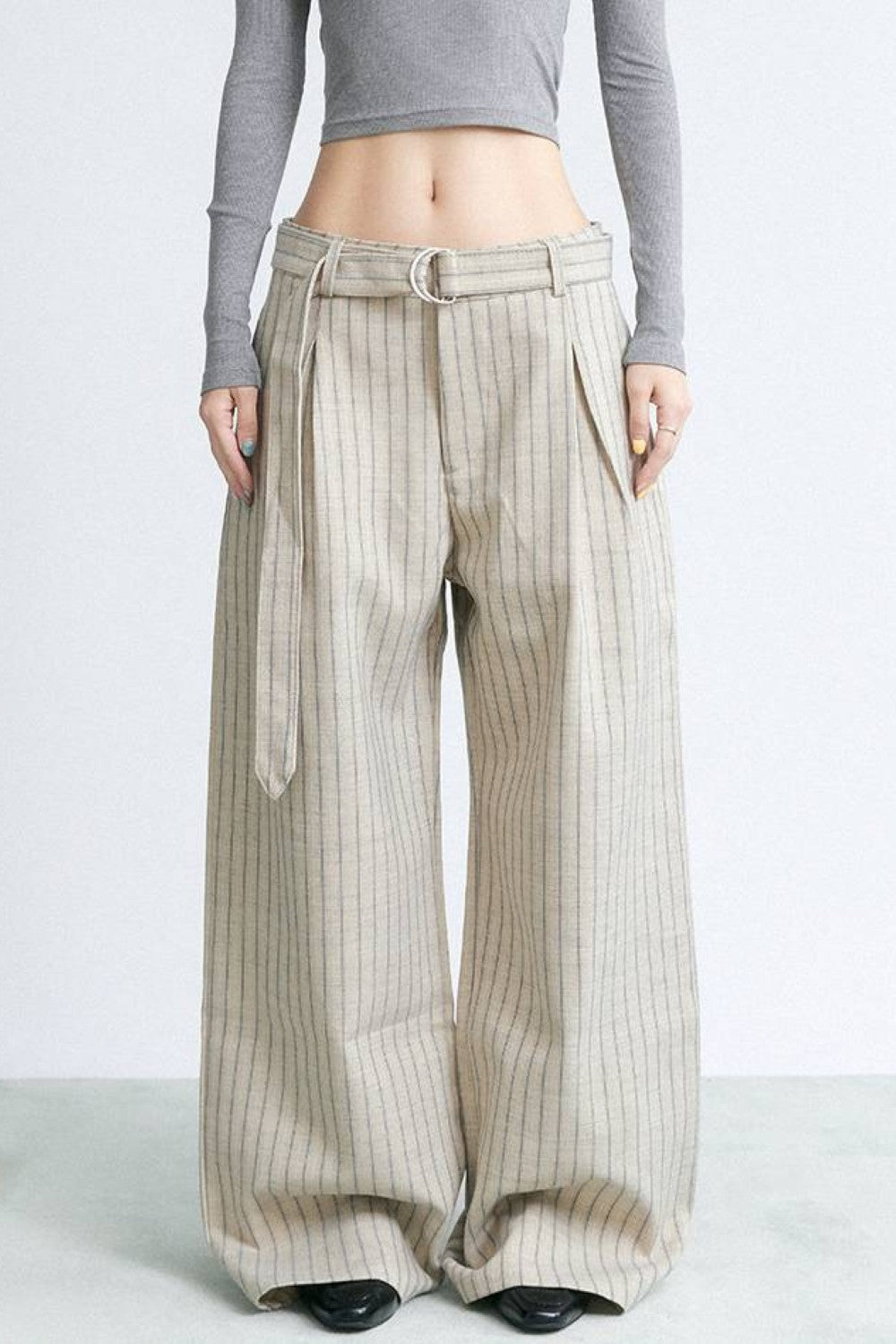 Pinstripe Wide Belted Trousers
