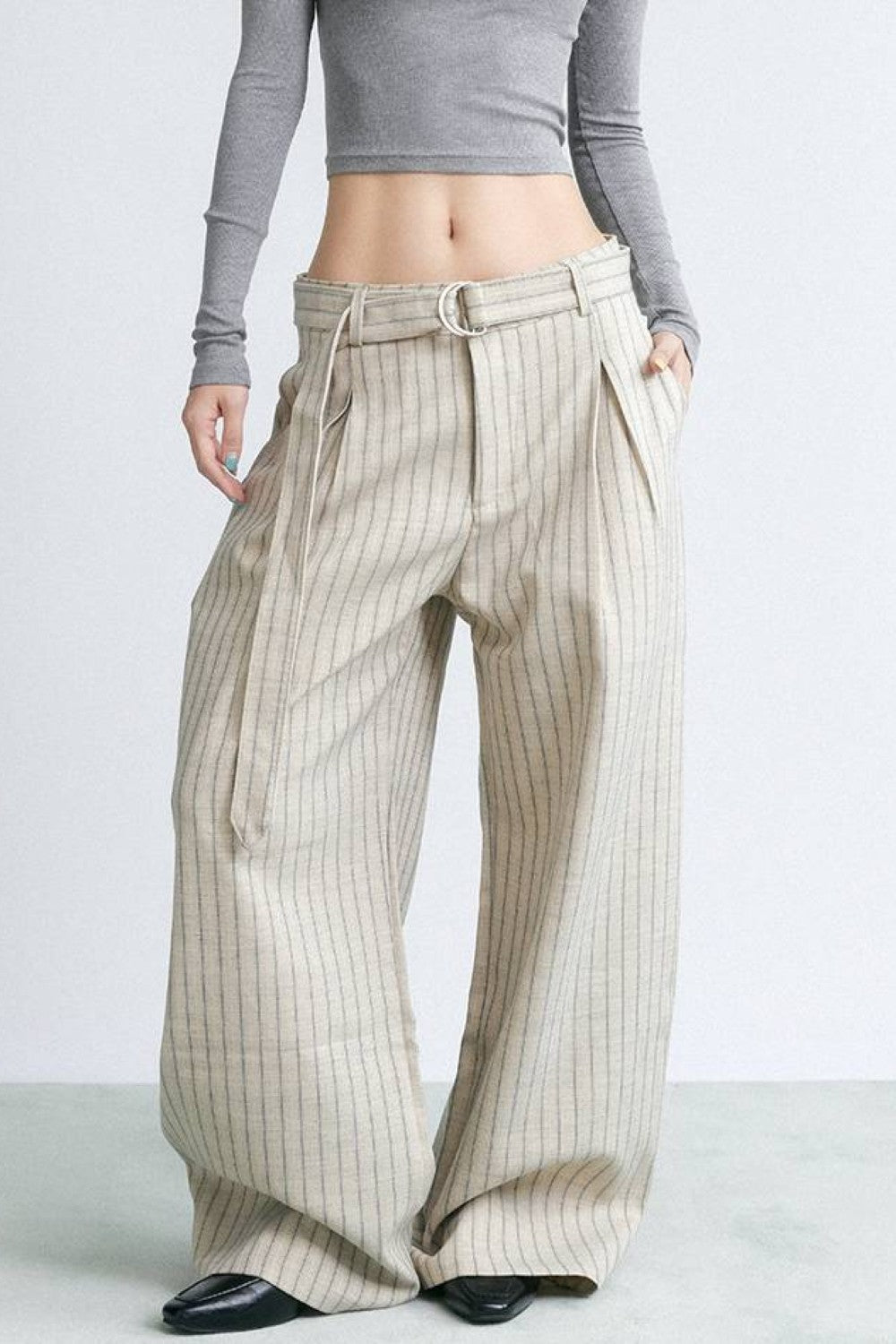 Pinstripe Wide Belted Trousers