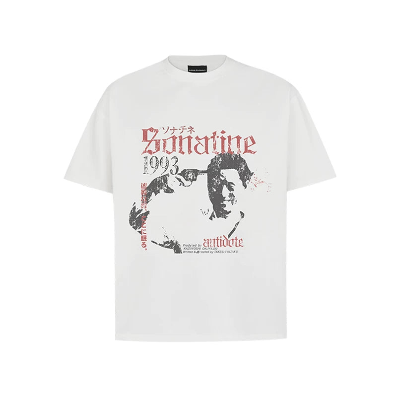 ANTIDOTE Takeshi Kitano Portrait Worn Distressed Print Retro T-Shirt Small Neck Short Loose Casual Short Sleeve Men's
