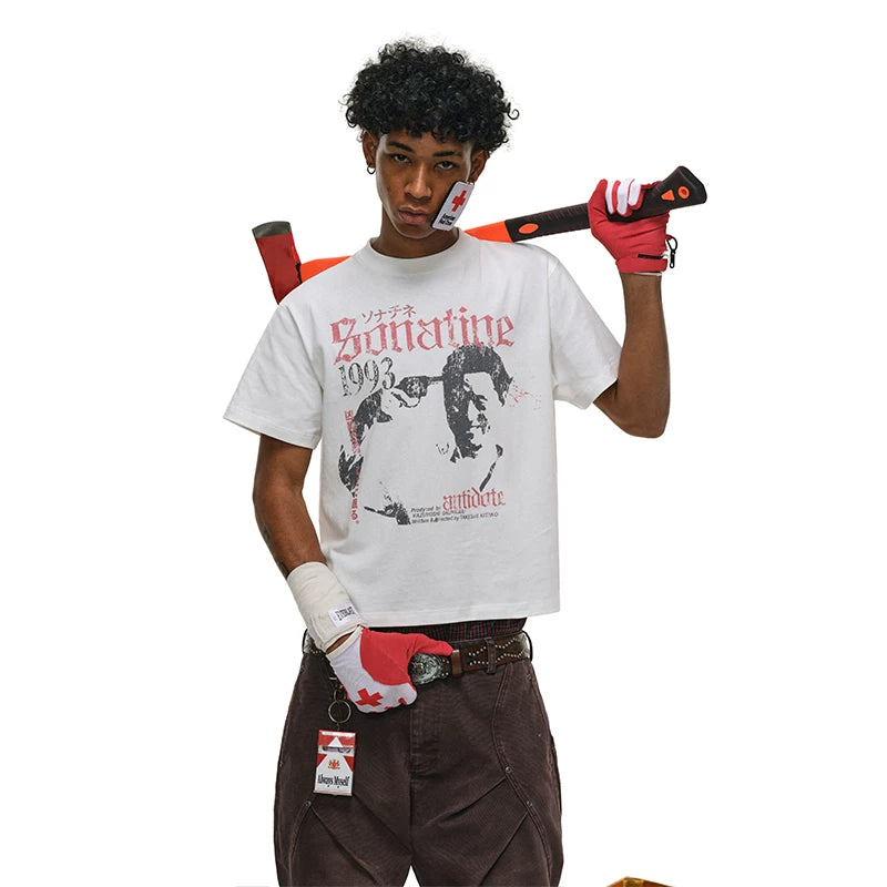 ANTIDOTE Takeshi Kitano Portrait Worn Distressed Print Retro T-Shirt Small Neck Short Loose Casual Short Sleeve Men's