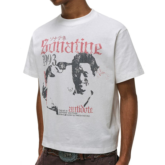 ANTIDOTE Takeshi Kitano Portrait Worn Distressed Print Retro T-Shirt Small Neck Short Loose Casual Short Sleeve Men's