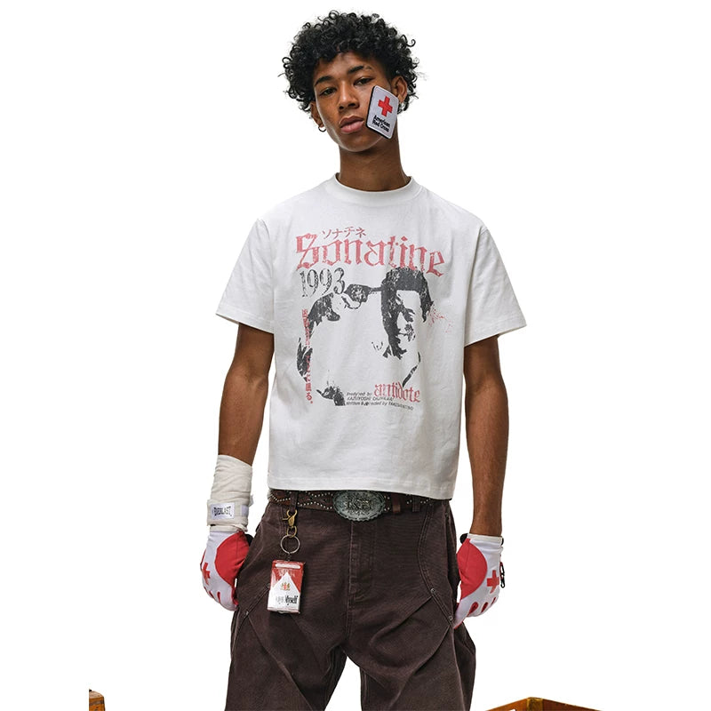 ANTIDOTE Takeshi Kitano Portrait Worn Distressed Print Retro T-Shirt Small Neck Short Loose Casual Short Sleeve Men's