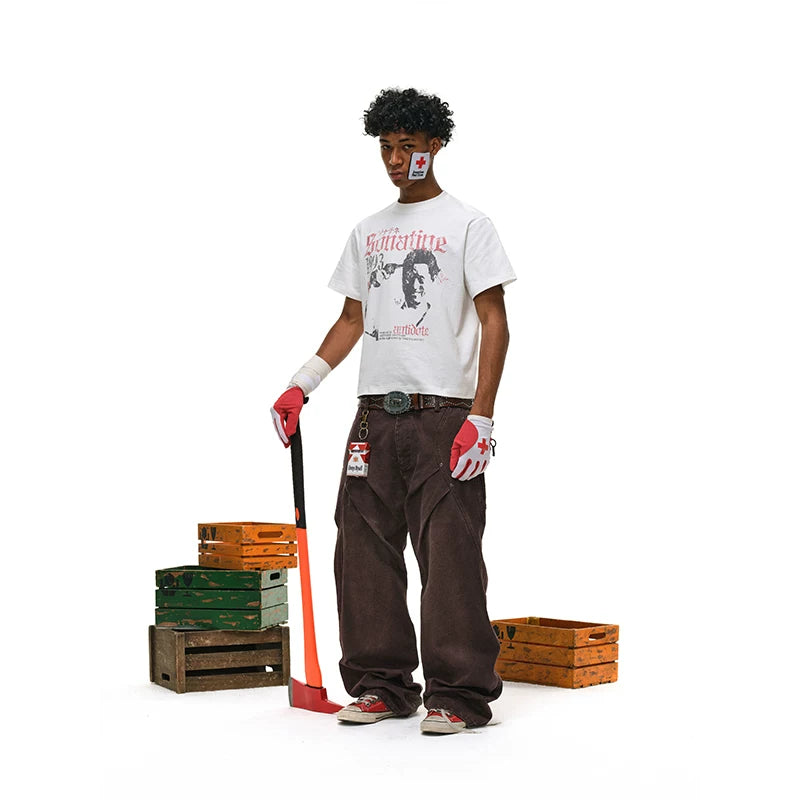 ANTIDOTE Takeshi Kitano Portrait Worn Distressed Print Retro T-Shirt Small Neck Short Loose Casual Short Sleeve Men's